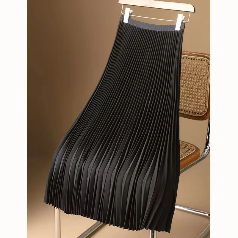 Women Vintage Midi Skirt Wide Elastic Waistband High Waist Pleated A-Line Skirt Summer Solid Color Smooth Satin Long Skirts