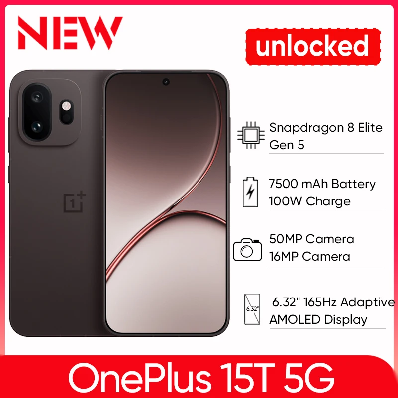 Unlocked OnePlus 15T 5G Smartphone Snapdragon 8 Elite Gen 5 6.32'' 165Hz High Refresh Rate Screen 7500mAh Battery 100W Wired NFC