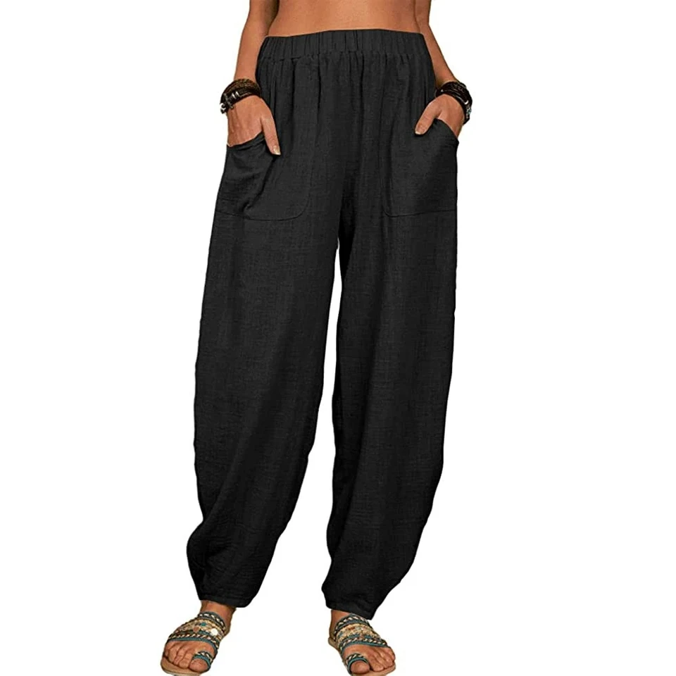 Women Cotton hemp Pants Summer Casual Vintage Pockets Thin Beach Trousers Female Elastic Waist Wide Leg Retro Loose Harem Pants
