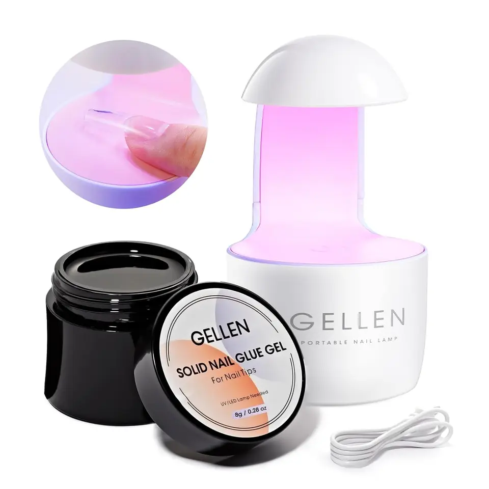 GELLEN Solid Nail Glue Gel Kit Press on Glue 8g Acrylic Fake Tips with 8w Mini UV Light Lamp Cured Nails Salon Manicure Art DIY