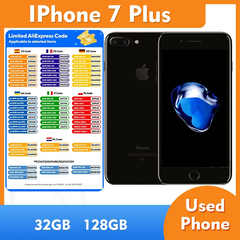 Apple iPhone 7 Plus 4g ROM 32GB/128GB iOS Smartphone Screen 5.5-inches Camera 12MP All Colours Good Condition Used Phone