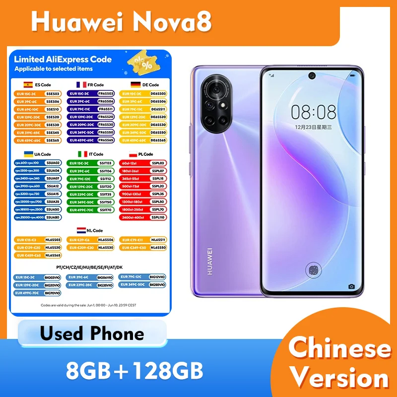 Huawei Nova8 5g Smartphone Android Screen 6.57 inches 2340x1080px 3800mAh Used Phone