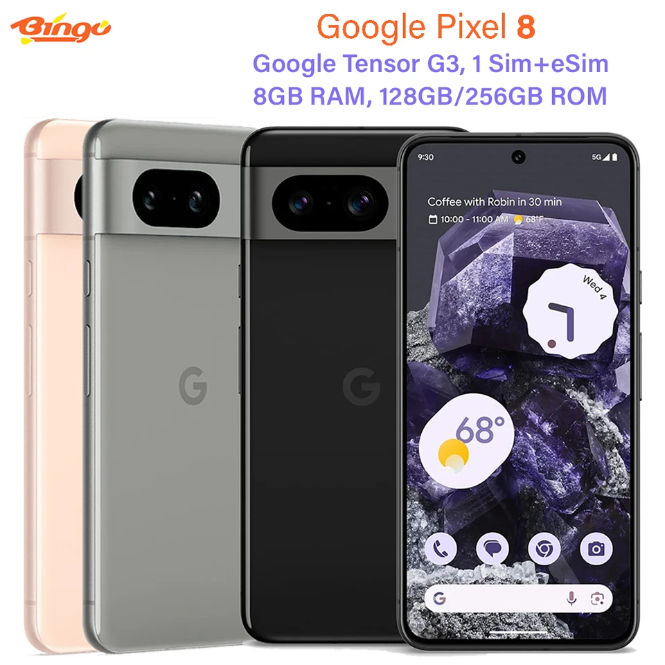 Google Pixel 8 5G 8GB RAM 128GB/256GB ROM 6.2" Google Tensor G3 50MP&12MP NFC eSim Original Unlocked Android Cell Phone