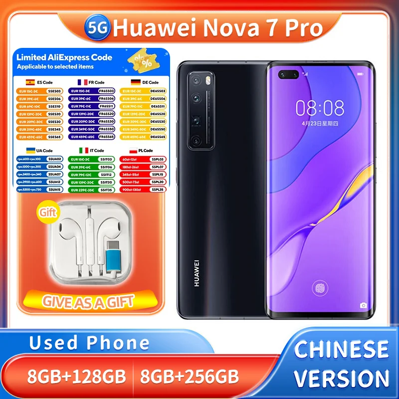 Huawei Nova 7 Pro 5G 128GB 256GB ROM Smartphone Android 6.15 inches 2340x1080px 4000mAh Used Phone