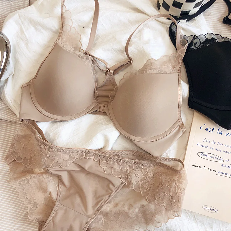Thin Glossy Cup Cross Backless Lace Front Closure Bra and Panties Set with Push Up Underwear Women Beautiful Sexy Lingerie