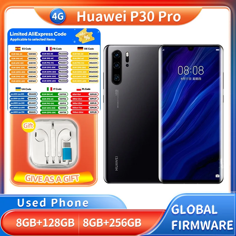 Huawei P30 Pro 4G 128GB 256GB ROM Smartphone EMUI 6.47inches 2340x1080px Used Phones