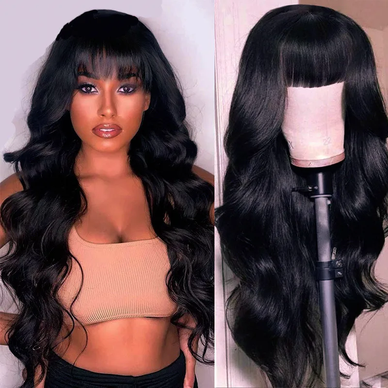 New European and American women Qi bangs big waves long curly hair synthetic matte high temperature silk wig