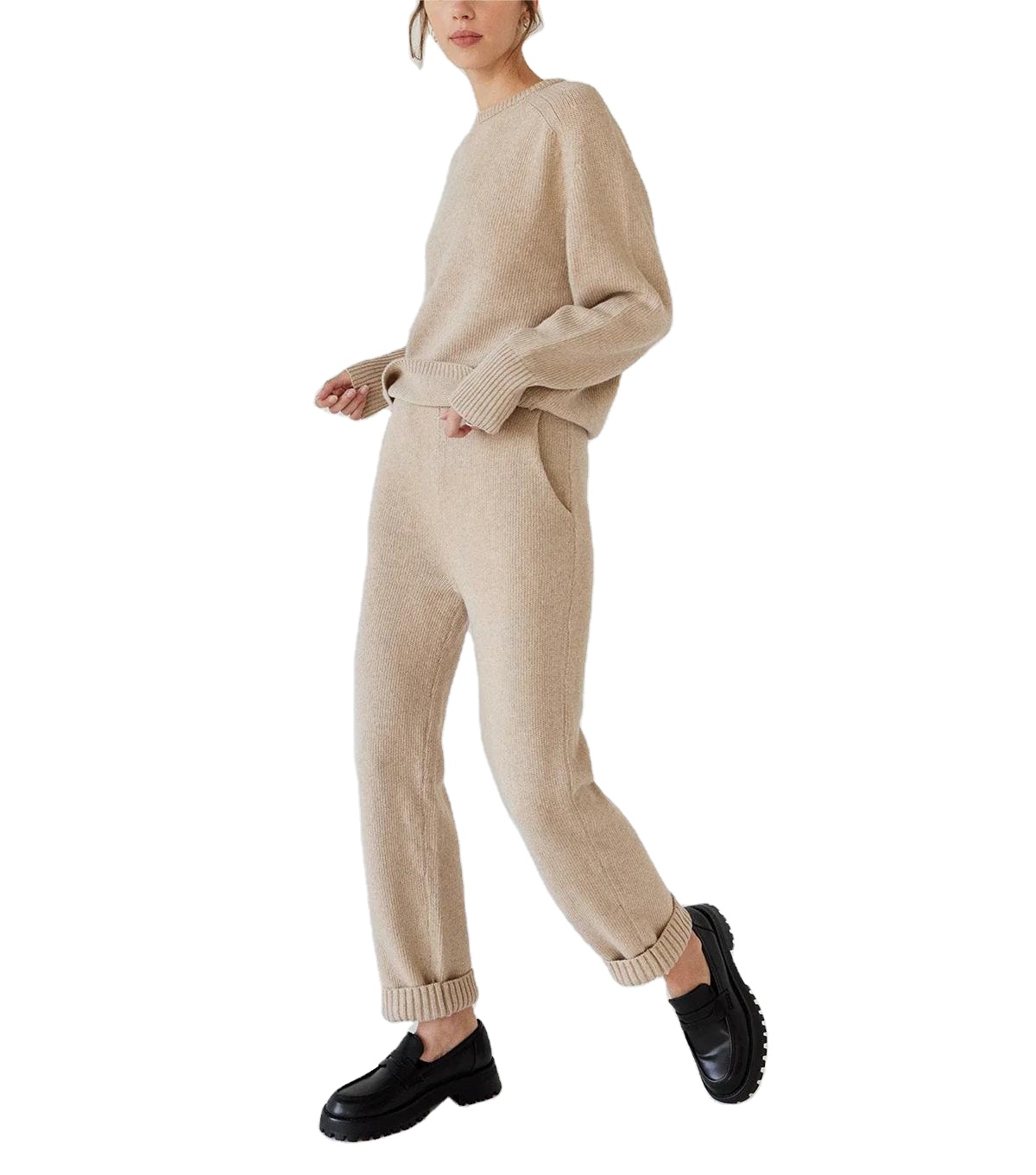 Custom Wholesale Crew Neck Solid Breathable Women Winter Cashmere Sweater Pants Set Women Clothing
